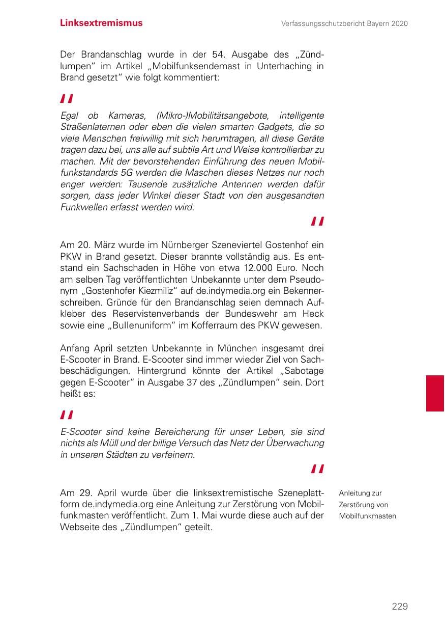 Seite 229 des Verfassungsschutzbericht 2020 Bayern