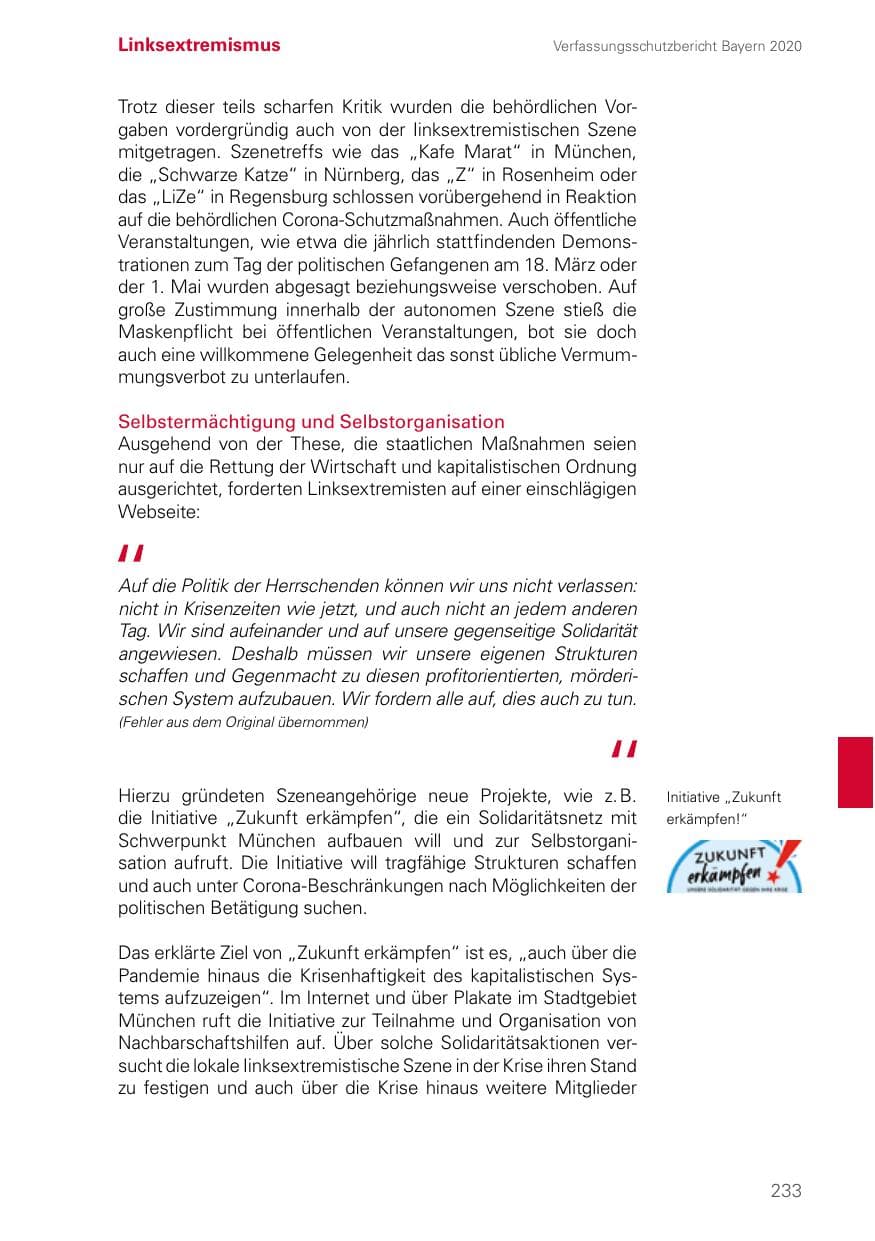 Seite 233 des Verfassungsschutzbericht 2020 Bayern