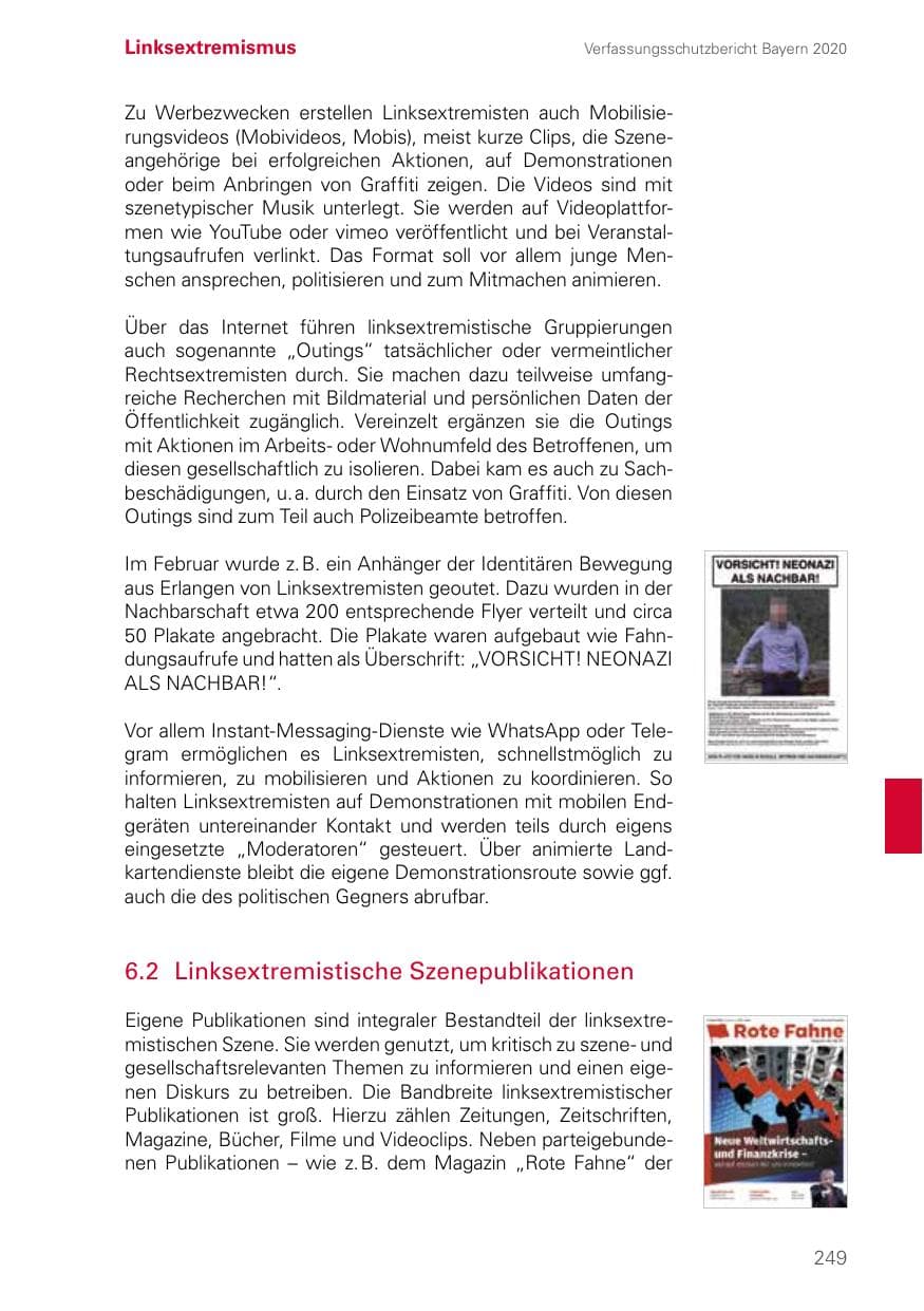 Seite 249 des Verfassungsschutzbericht 2020 Bayern
