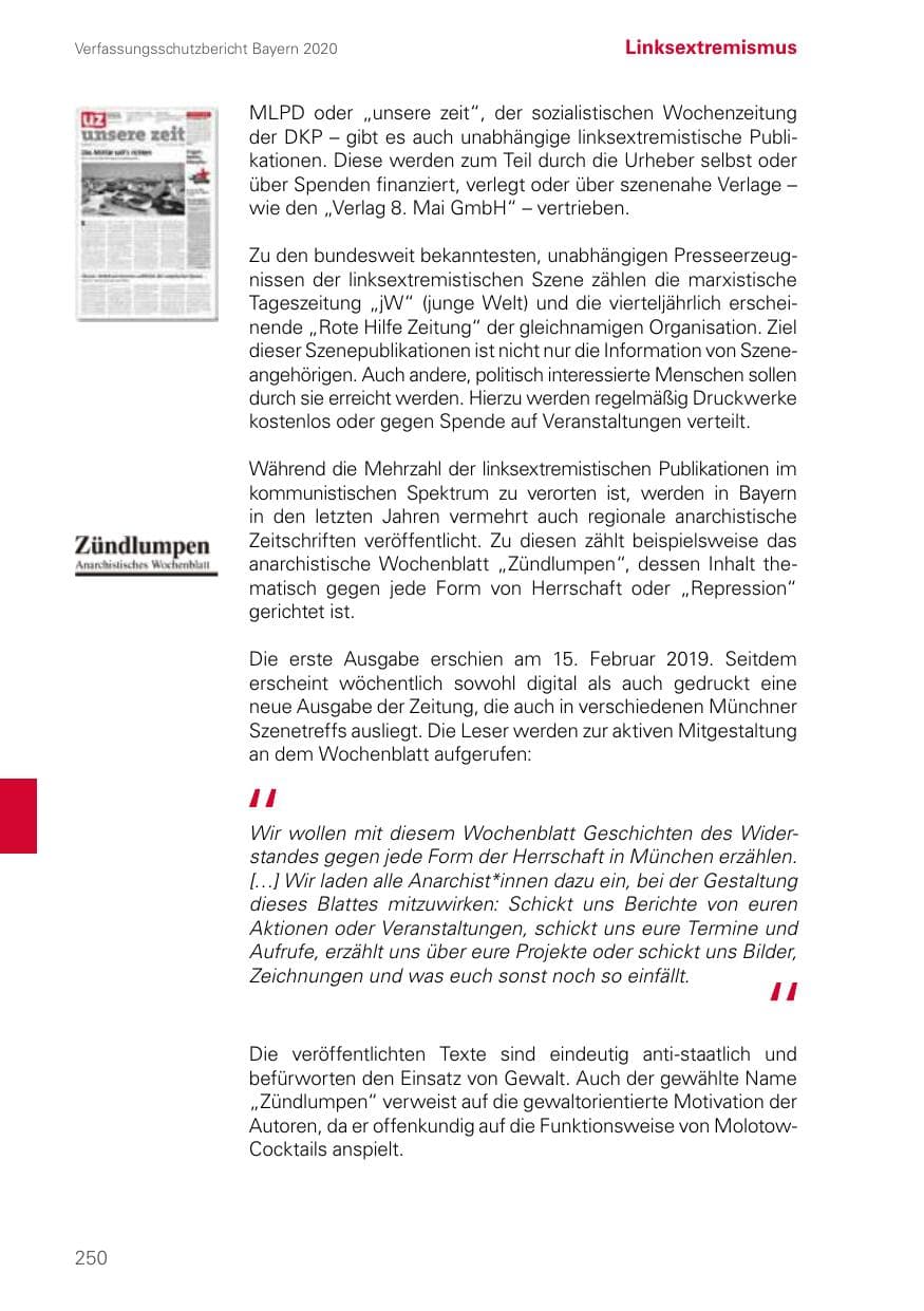 Seite 250 des Verfassungsschutzbericht 2020 Bayern