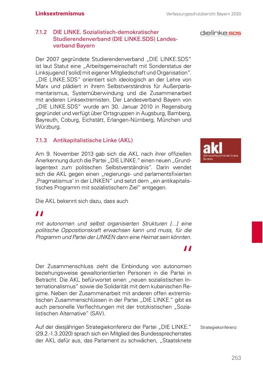 Seite 253 des Verfassungsschutzbericht 2020 Bayern