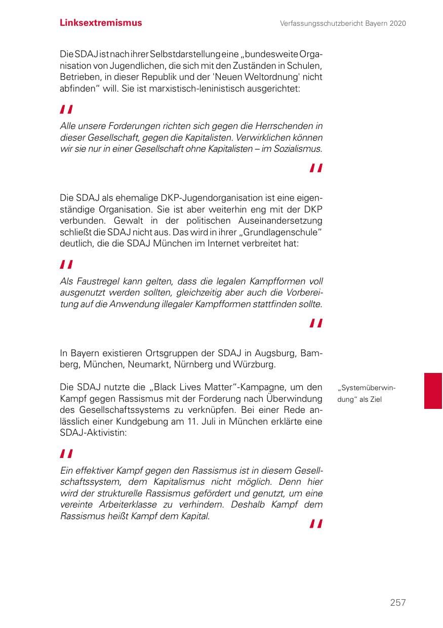 Seite 257 des Verfassungsschutzbericht 2020 Bayern