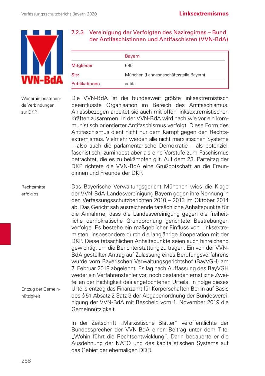 Seite 258 des Verfassungsschutzbericht 2020 Bayern