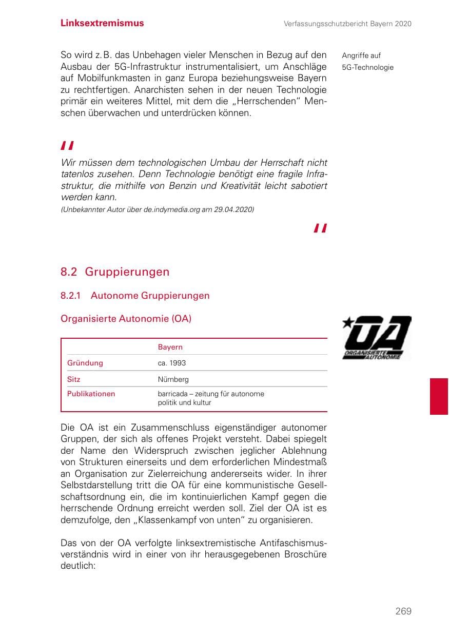 Seite 269 des Verfassungsschutzbericht 2020 Bayern