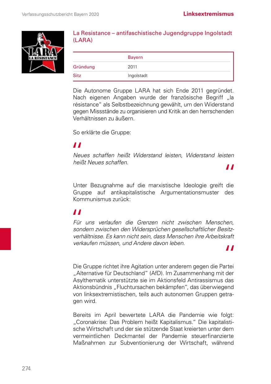 Seite 274 des Verfassungsschutzbericht 2020 Bayern