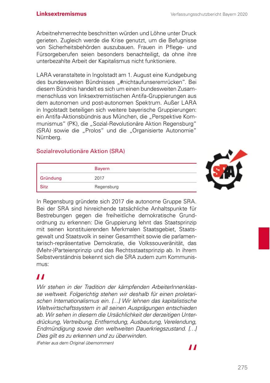Seite 275 des Verfassungsschutzbericht 2020 Bayern