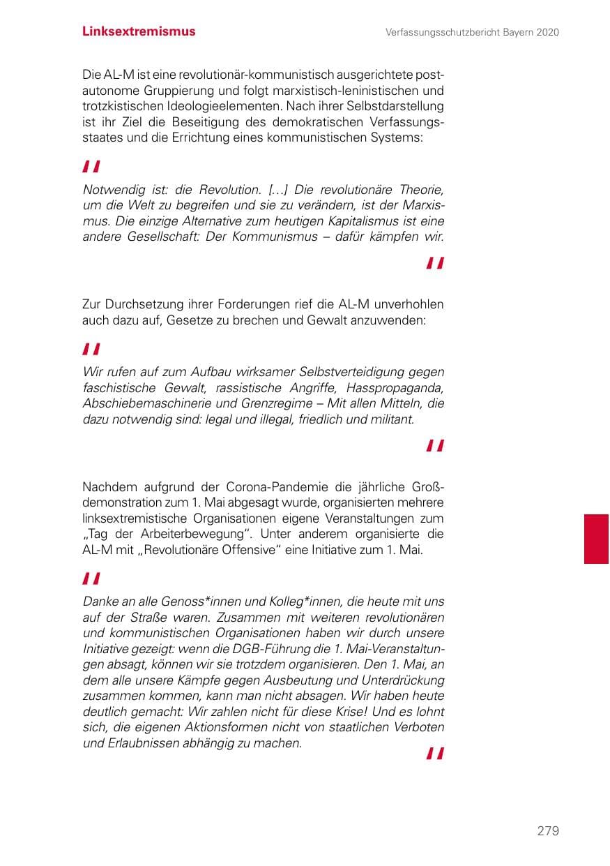Seite 279 des Verfassungsschutzbericht 2020 Bayern