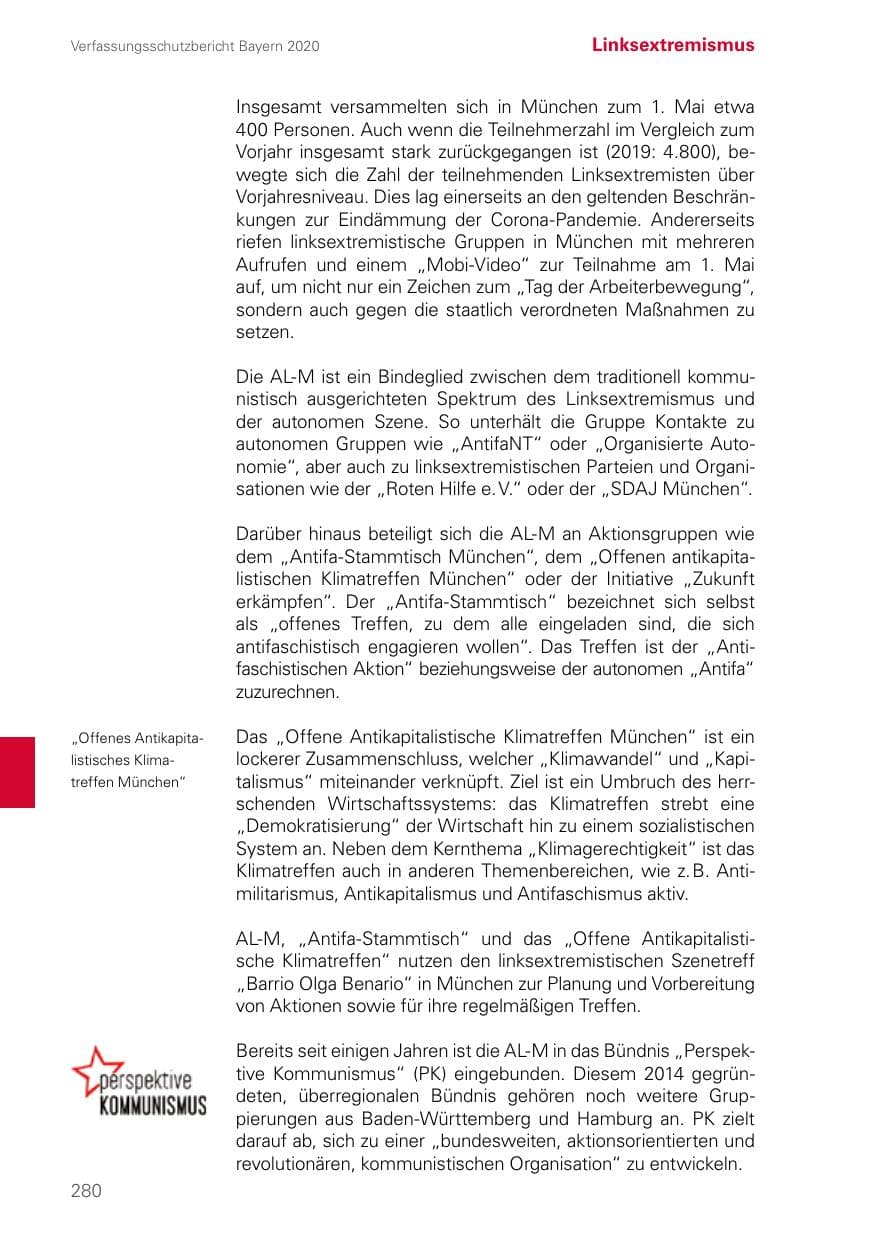Seite 280 des Verfassungsschutzbericht 2020 Bayern