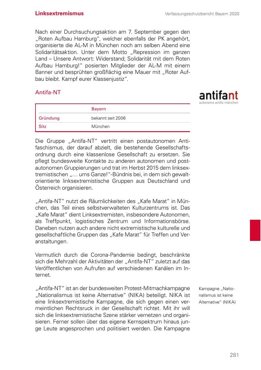 Seite 281 des Verfassungsschutzbericht 2020 Bayern