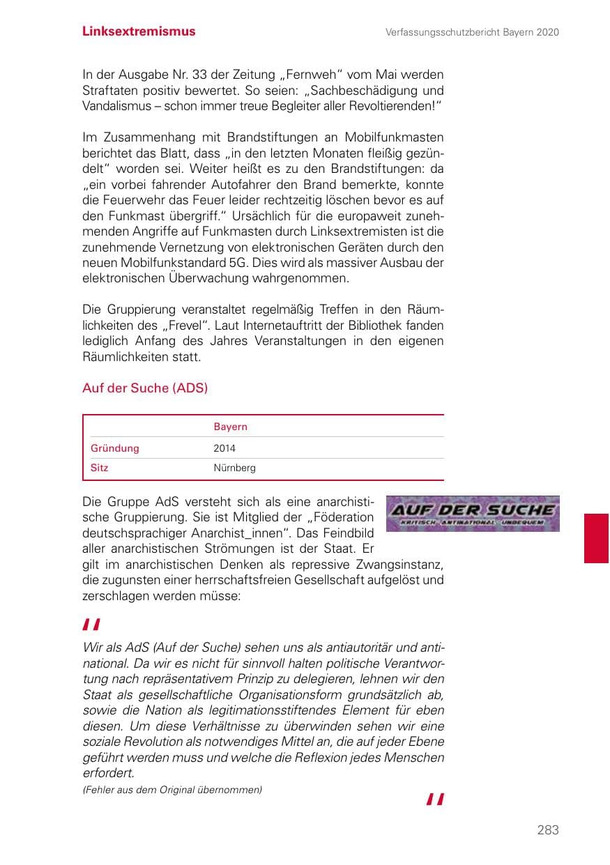 Seite 283 des Verfassungsschutzbericht 2020 Bayern