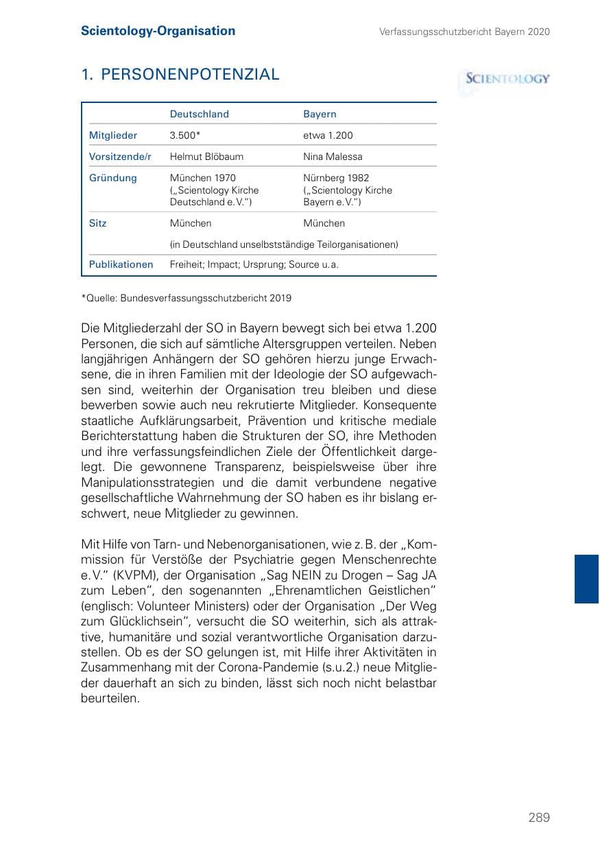 Seite 289 des Verfassungsschutzbericht 2020 Bayern