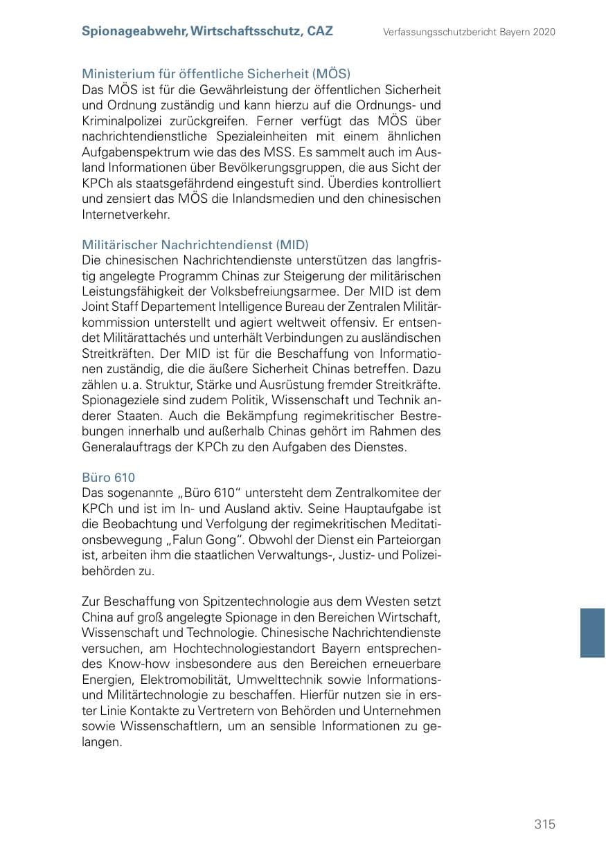 Seite 315 des Verfassungsschutzbericht 2020 Bayern
