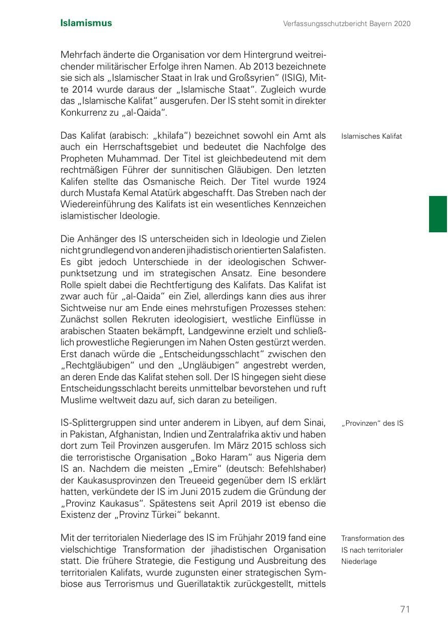 Seite 71 des Verfassungsschutzbericht 2020 Bayern