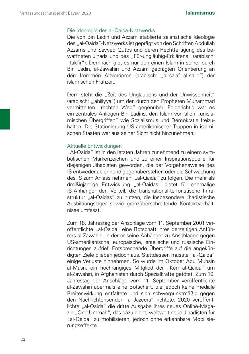 Seite 74 des Verfassungsschutzbericht 2020 Bayern