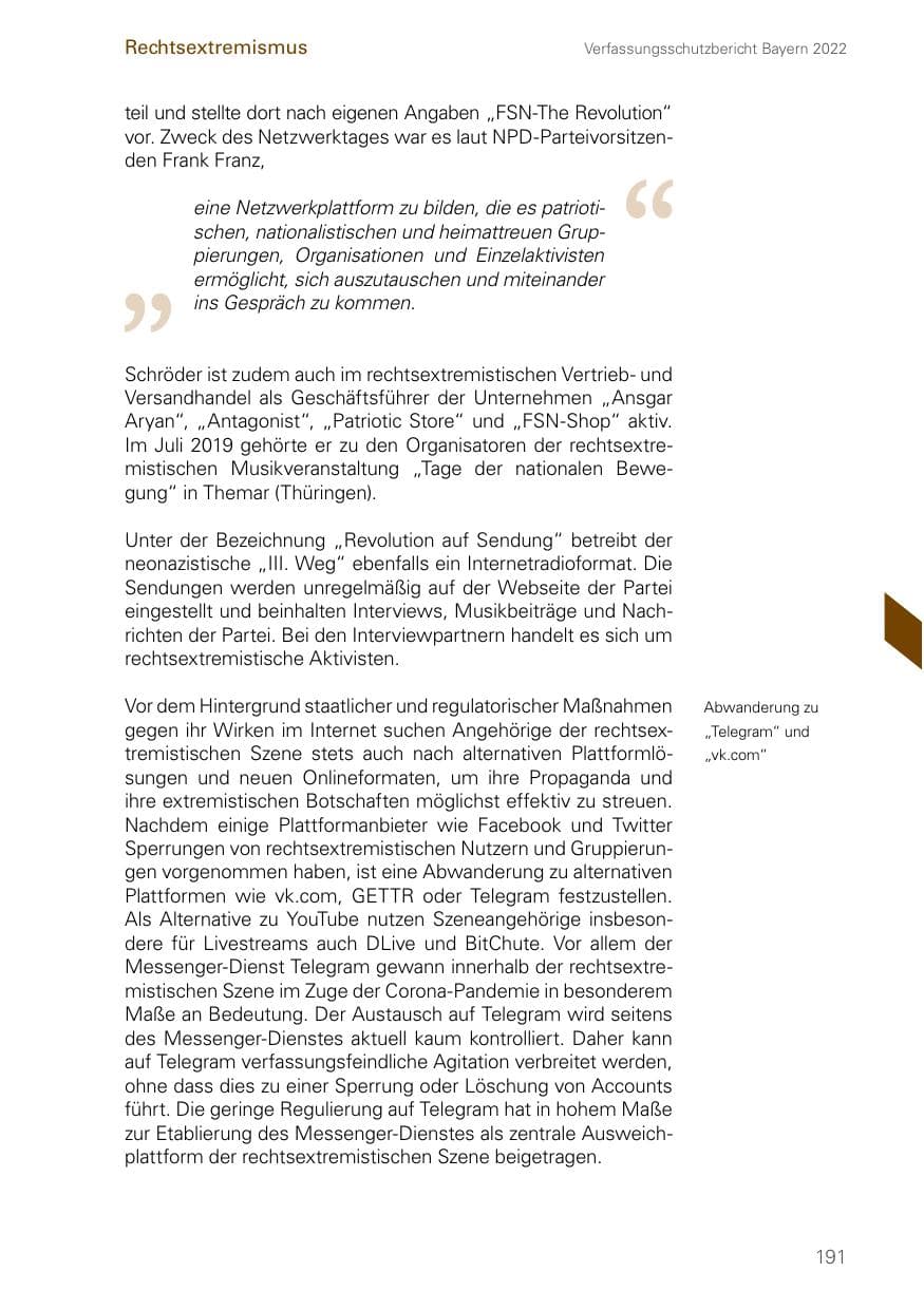 Seite 191 des Verfassungsschutzbericht 2022 Bayern