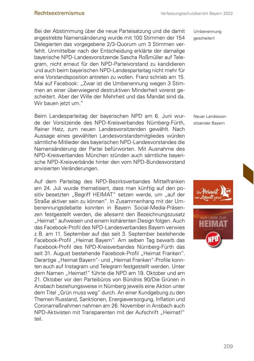 Seite 209 des Verfassungsschutzbericht 2022 Bayern