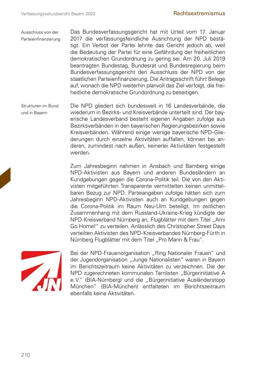 Seite 210 des Verfassungsschutzbericht 2022 Bayern