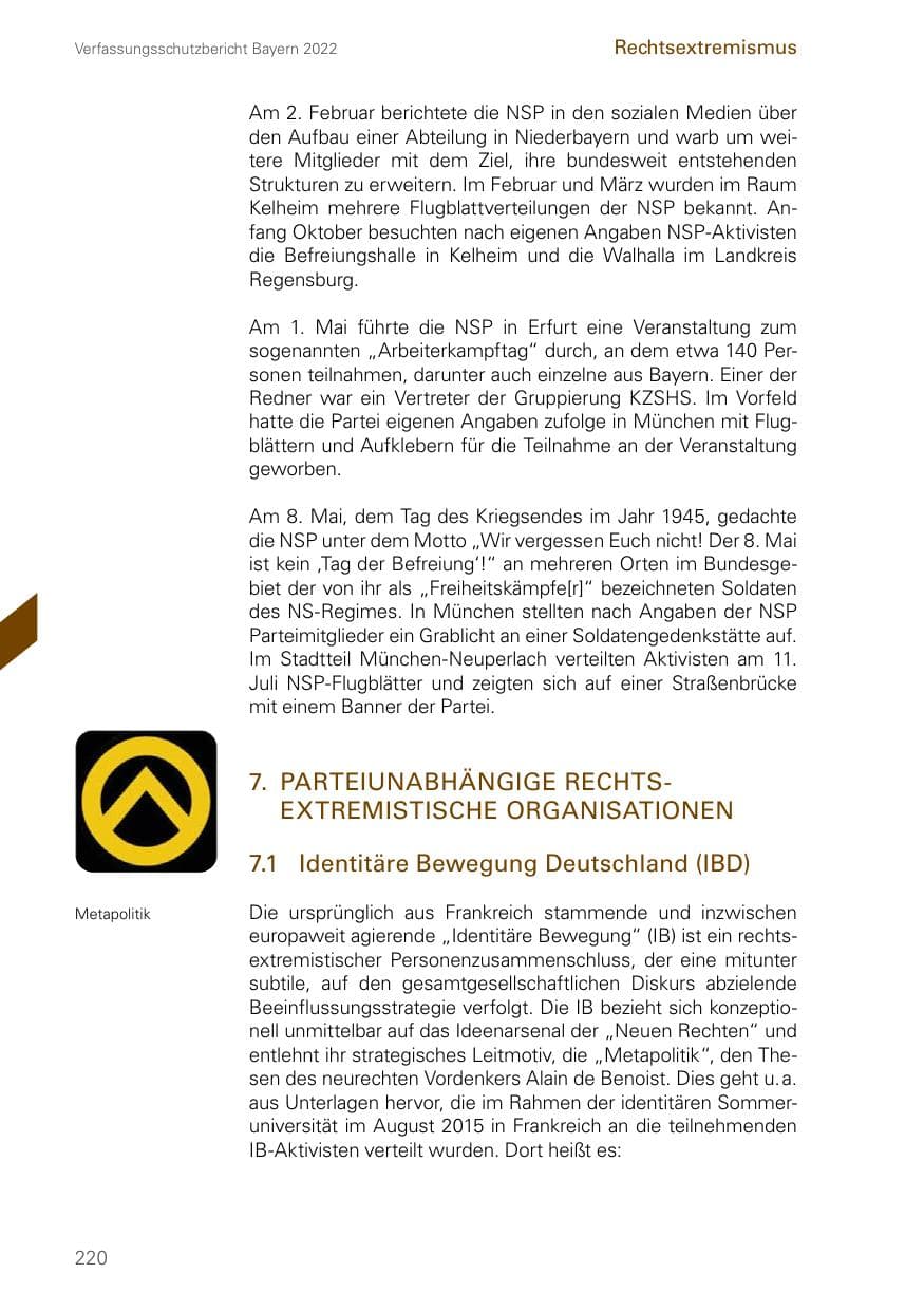 Seite 220 des Verfassungsschutzbericht 2022 Bayern