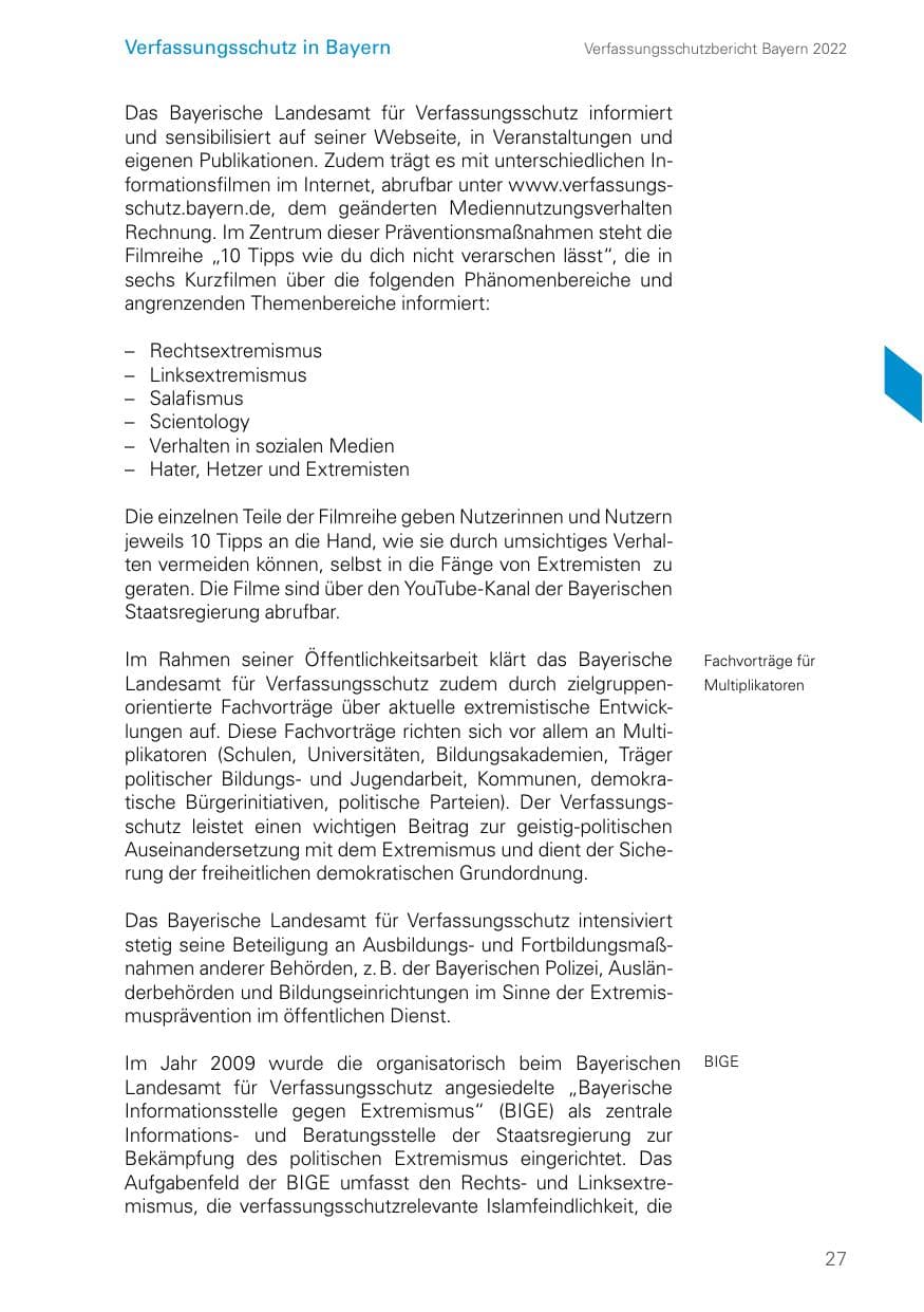 Seite 27 des Verfassungsschutzbericht 2022 Bayern