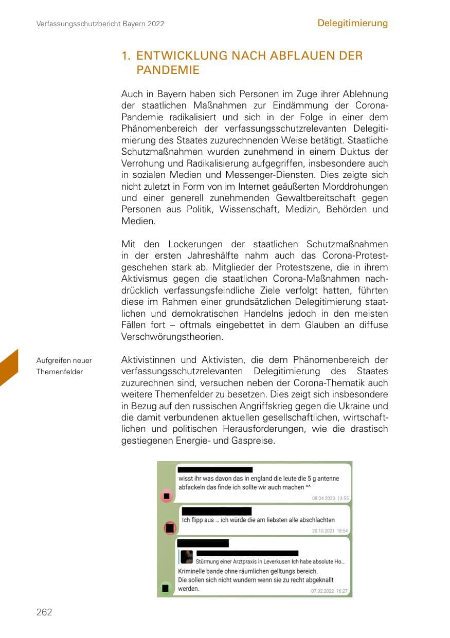 Seite 262 des Verfassungsschutzbericht 2022 Bayern