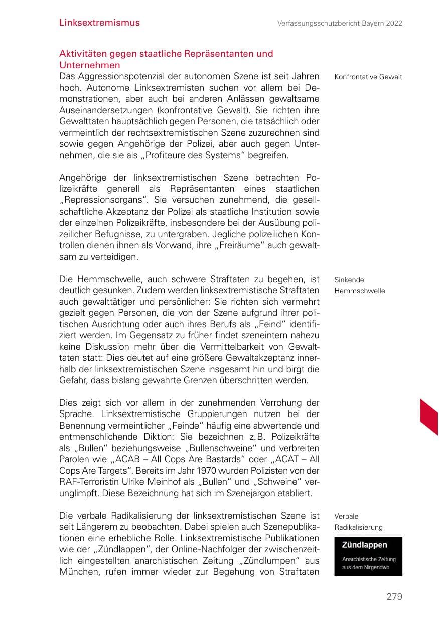 Seite 279 des Verfassungsschutzbericht 2022 Bayern