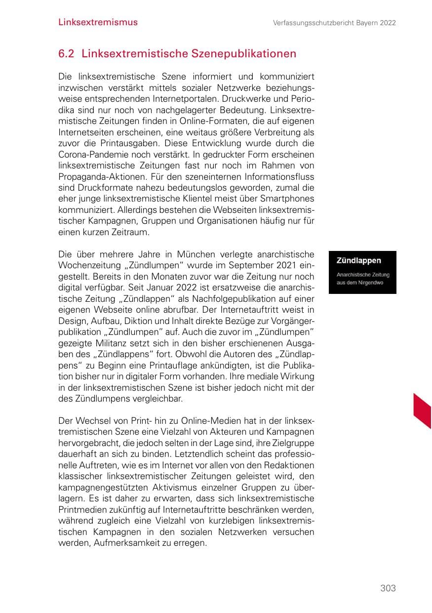 Seite 303 des Verfassungsschutzbericht 2022 Bayern
