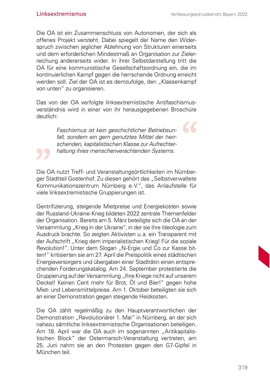 Seite 319 des Verfassungsschutzbericht 2022 Bayern