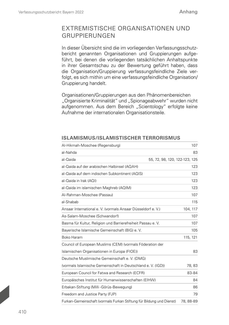 Seite 410 des Verfassungsschutzbericht 2022 Bayern