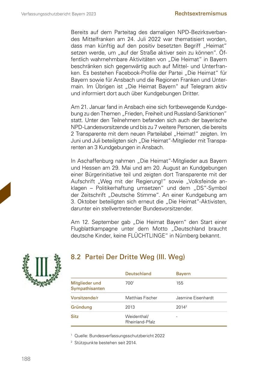 Seite 188 des Verfassungsschutzbericht 2023 Bayern