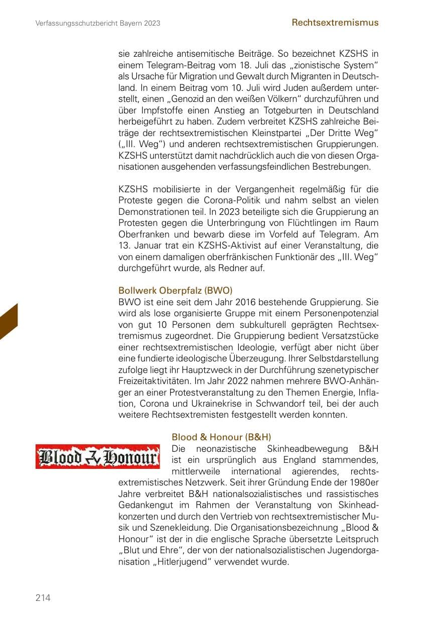Seite 214 des Verfassungsschutzbericht 2023 Bayern