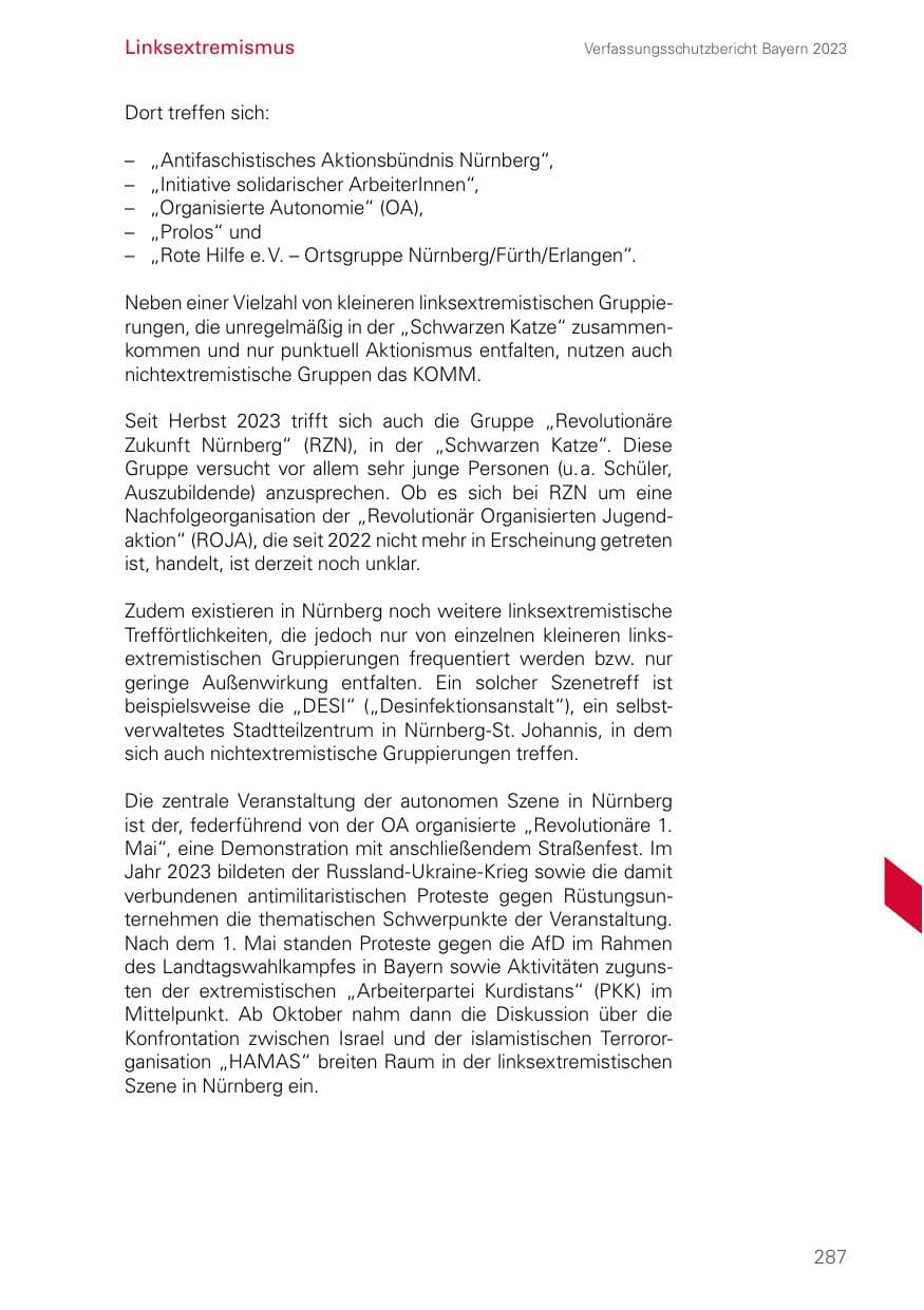 Seite 287 des Verfassungsschutzbericht 2023 Bayern