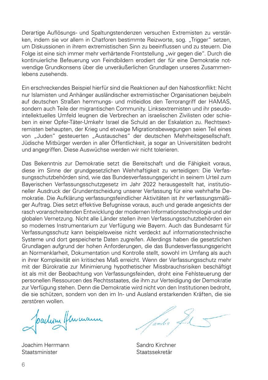 Seite 6 des Verfassungsschutzbericht 2023 Bayern