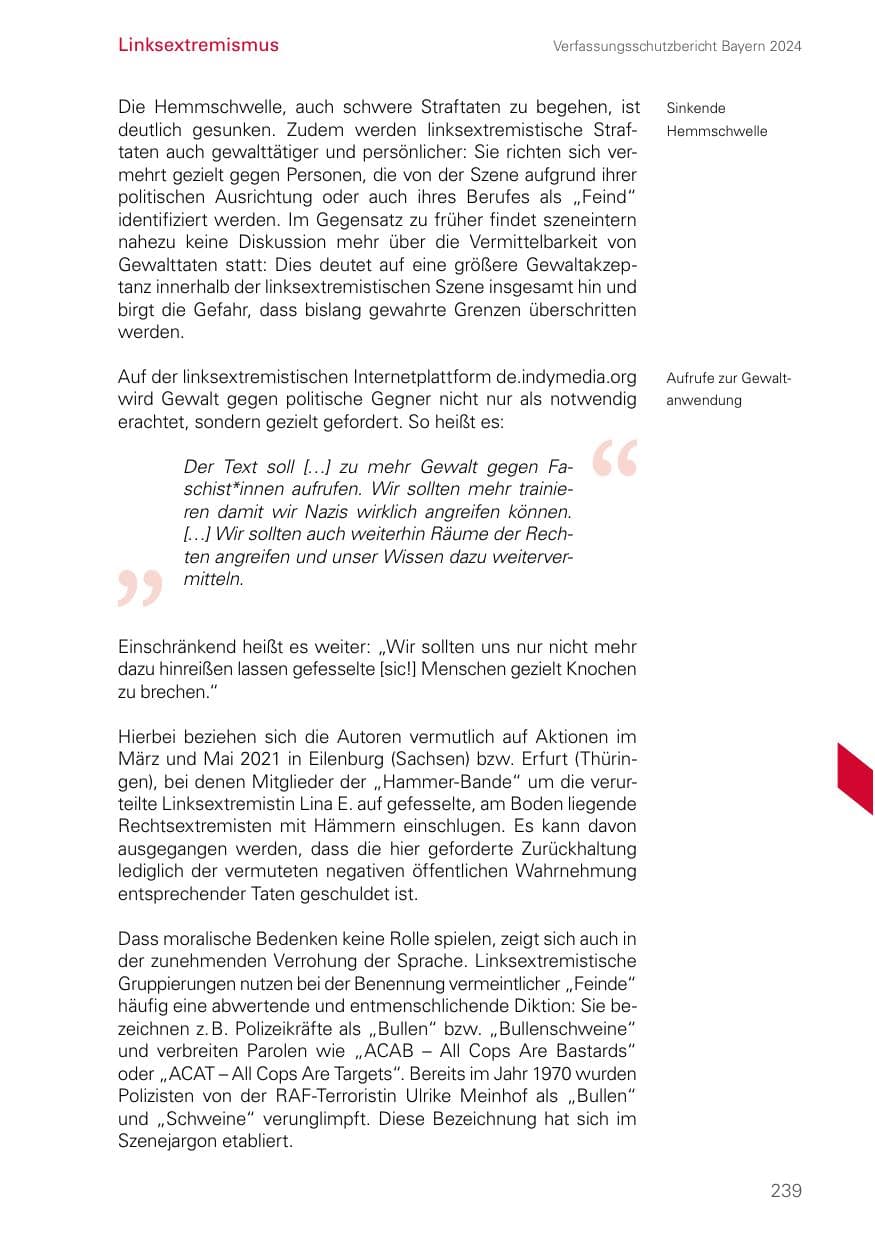 Seite 239 des Verfassungsschutzbericht 2024 Bayern