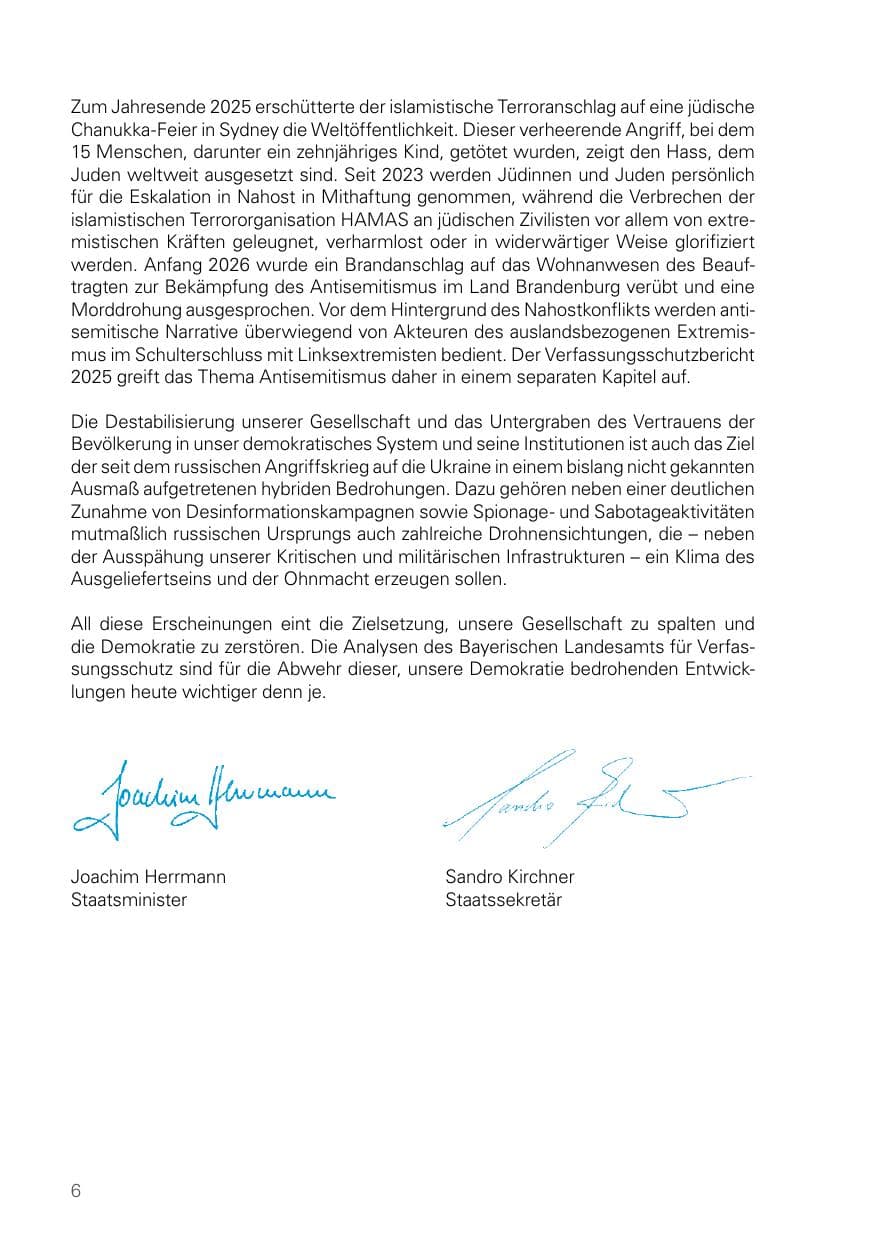 Seite 6 des Verfassungsschutzbericht 2025 Bayern
