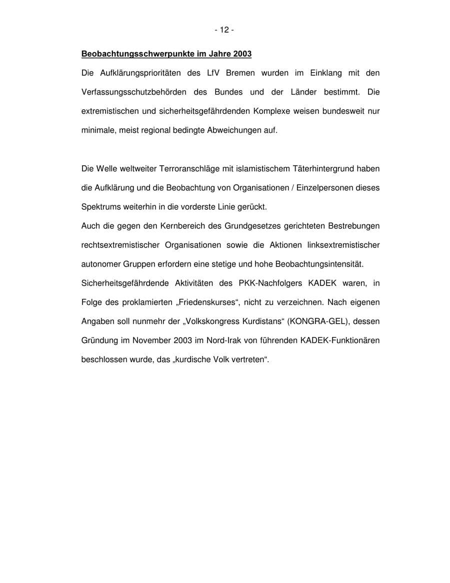 Seite 12 des Verfassungsschutzbericht 2003 Bremen