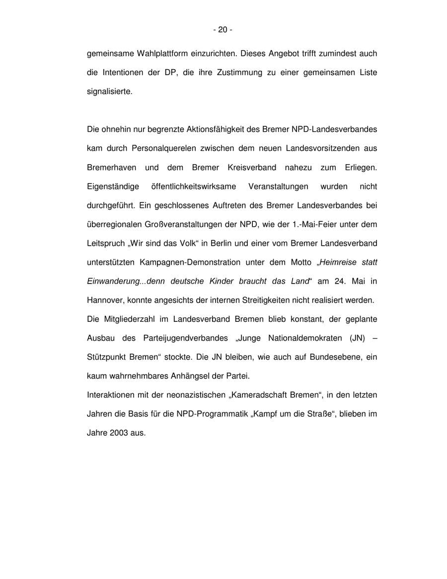 Seite 20 des Verfassungsschutzbericht 2003 Bremen