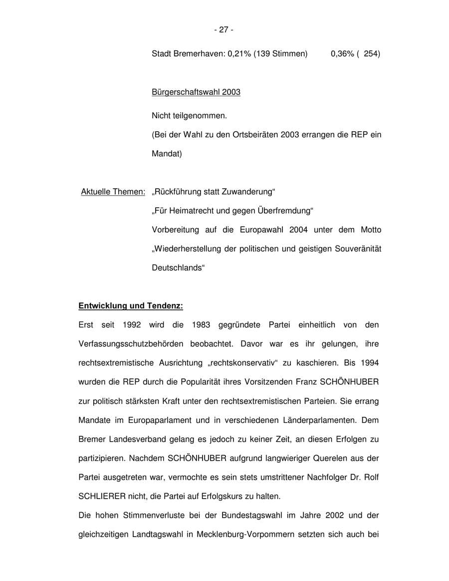 Seite 27 des Verfassungsschutzbericht 2003 Bremen