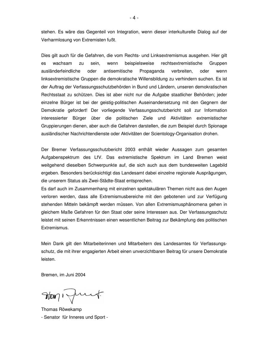 Seite 4 des Verfassungsschutzbericht 2003 Bremen