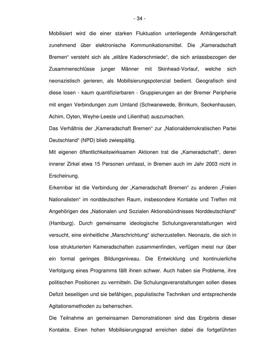 Seite 34 des Verfassungsschutzbericht 2003 Bremen