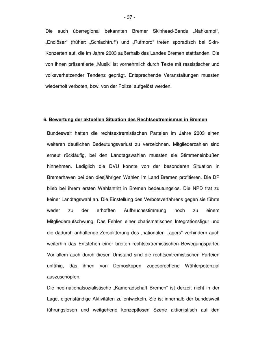 Seite 37 des Verfassungsschutzbericht 2003 Bremen