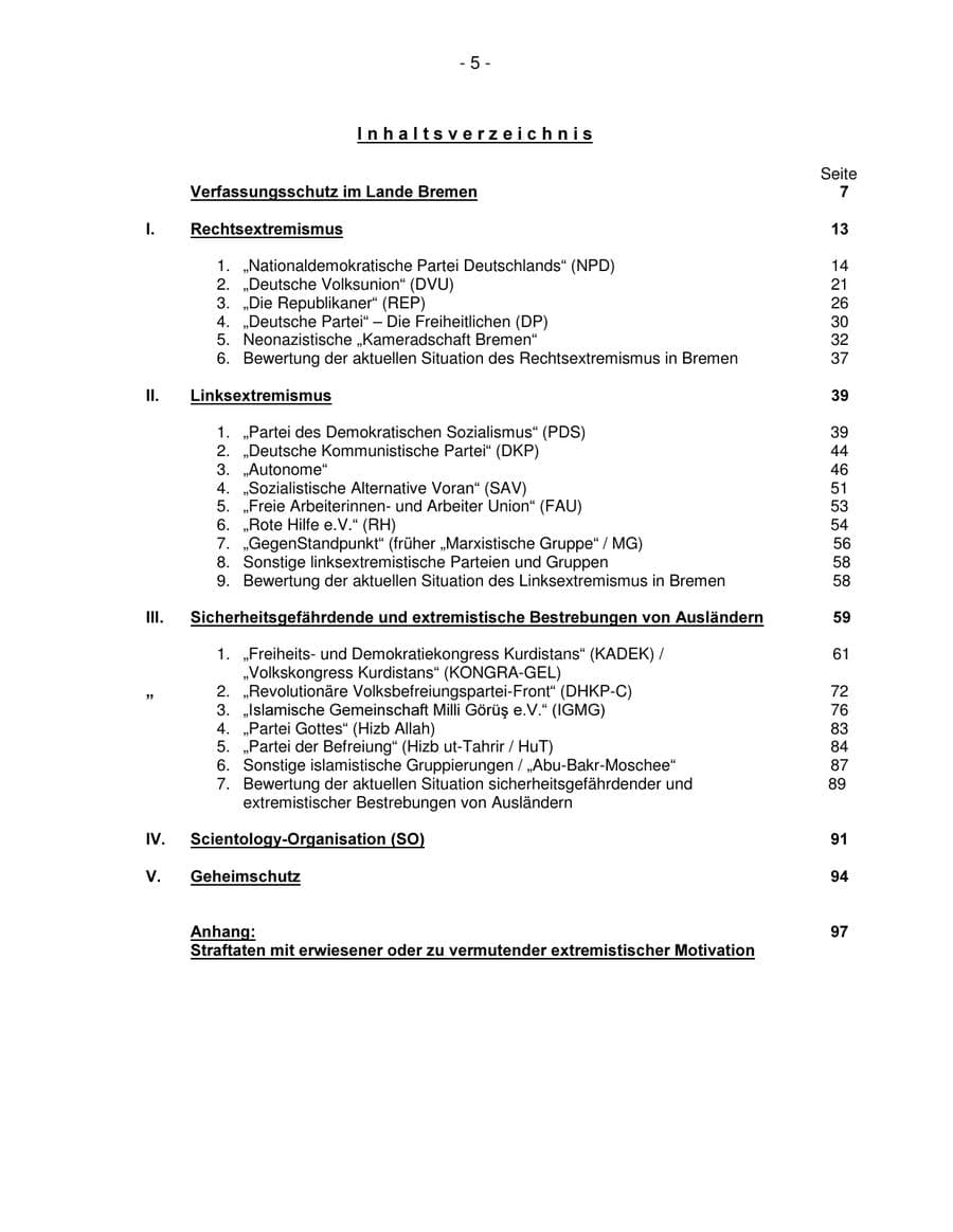 Seite 5 des Verfassungsschutzbericht 2003 Bremen