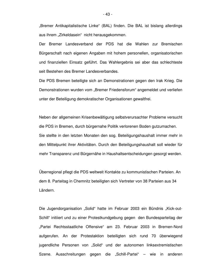 Seite 43 des Verfassungsschutzbericht 2003 Bremen