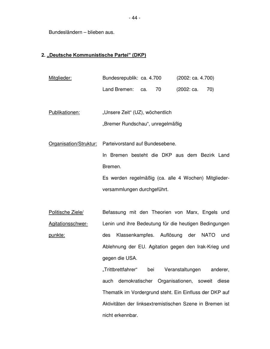 Seite 44 des Verfassungsschutzbericht 2003 Bremen