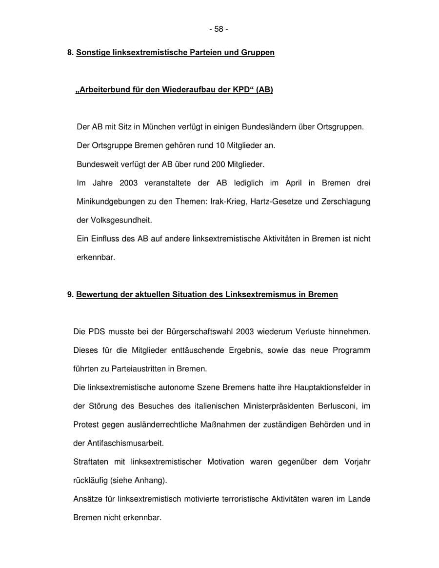 Seite 58 des Verfassungsschutzbericht 2003 Bremen