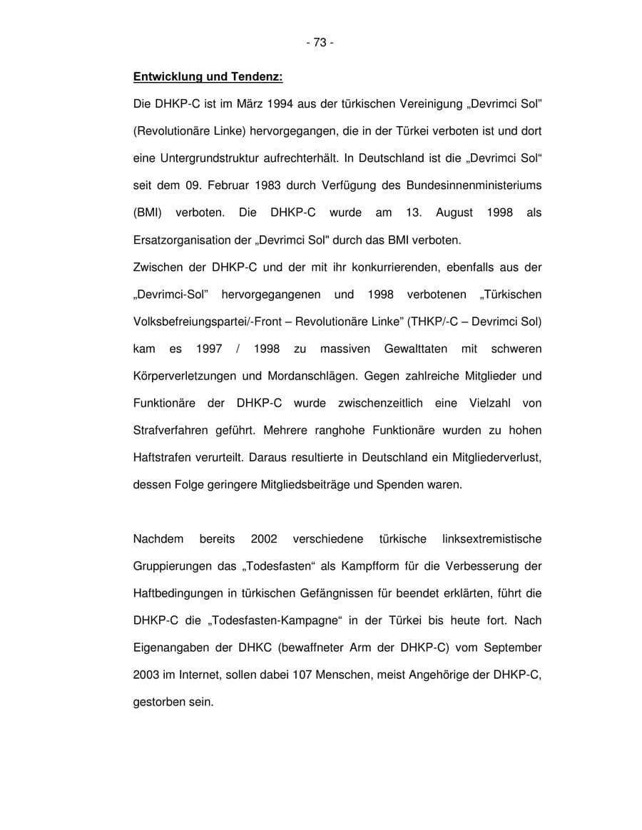 Seite 73 des Verfassungsschutzbericht 2003 Bremen