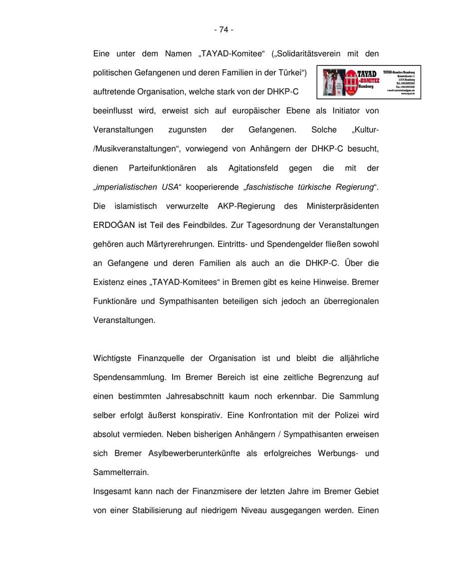 Seite 74 des Verfassungsschutzbericht 2003 Bremen