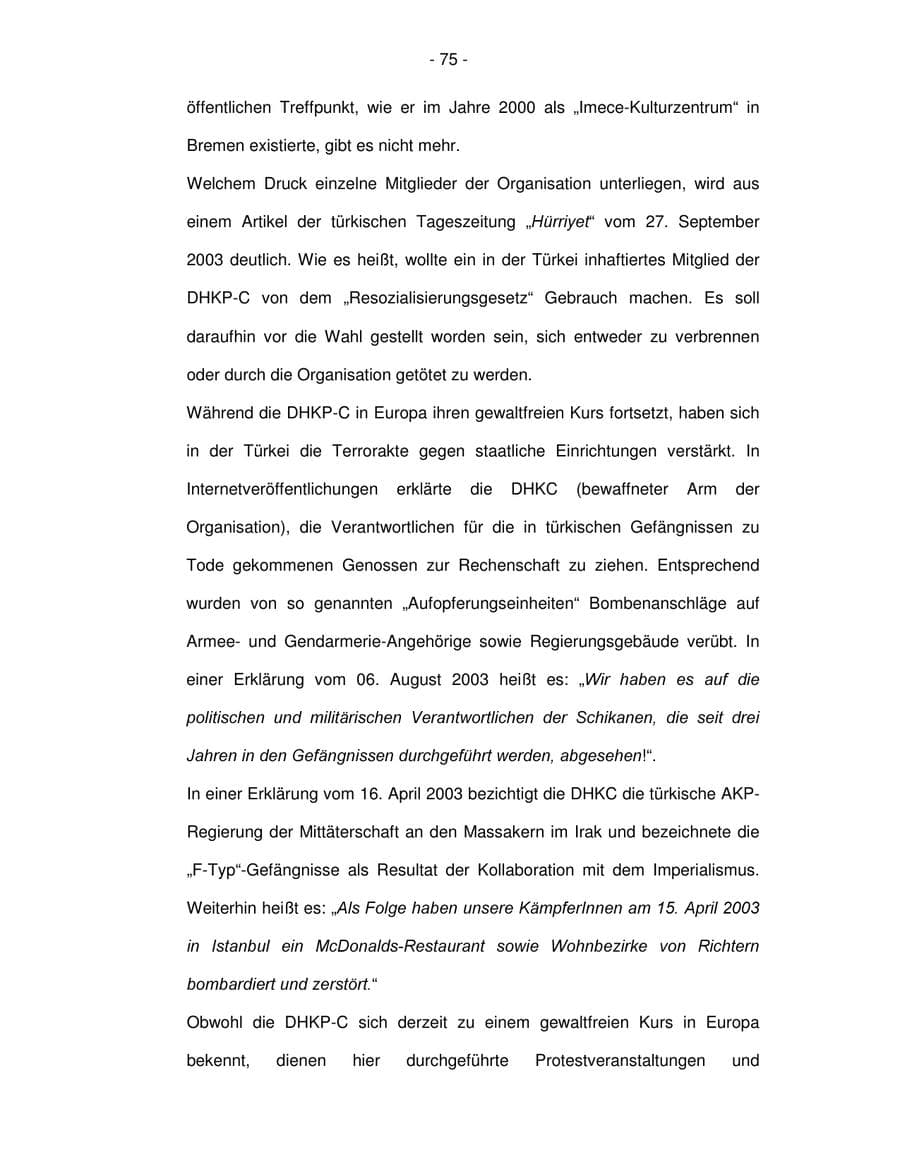 Seite 75 des Verfassungsschutzbericht 2003 Bremen