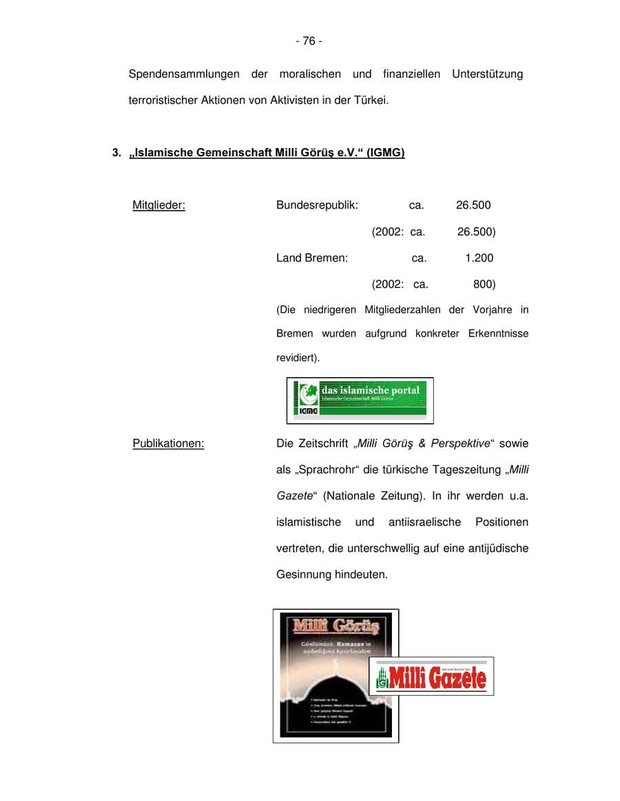 Seite 76 des Verfassungsschutzbericht 2003 Bremen