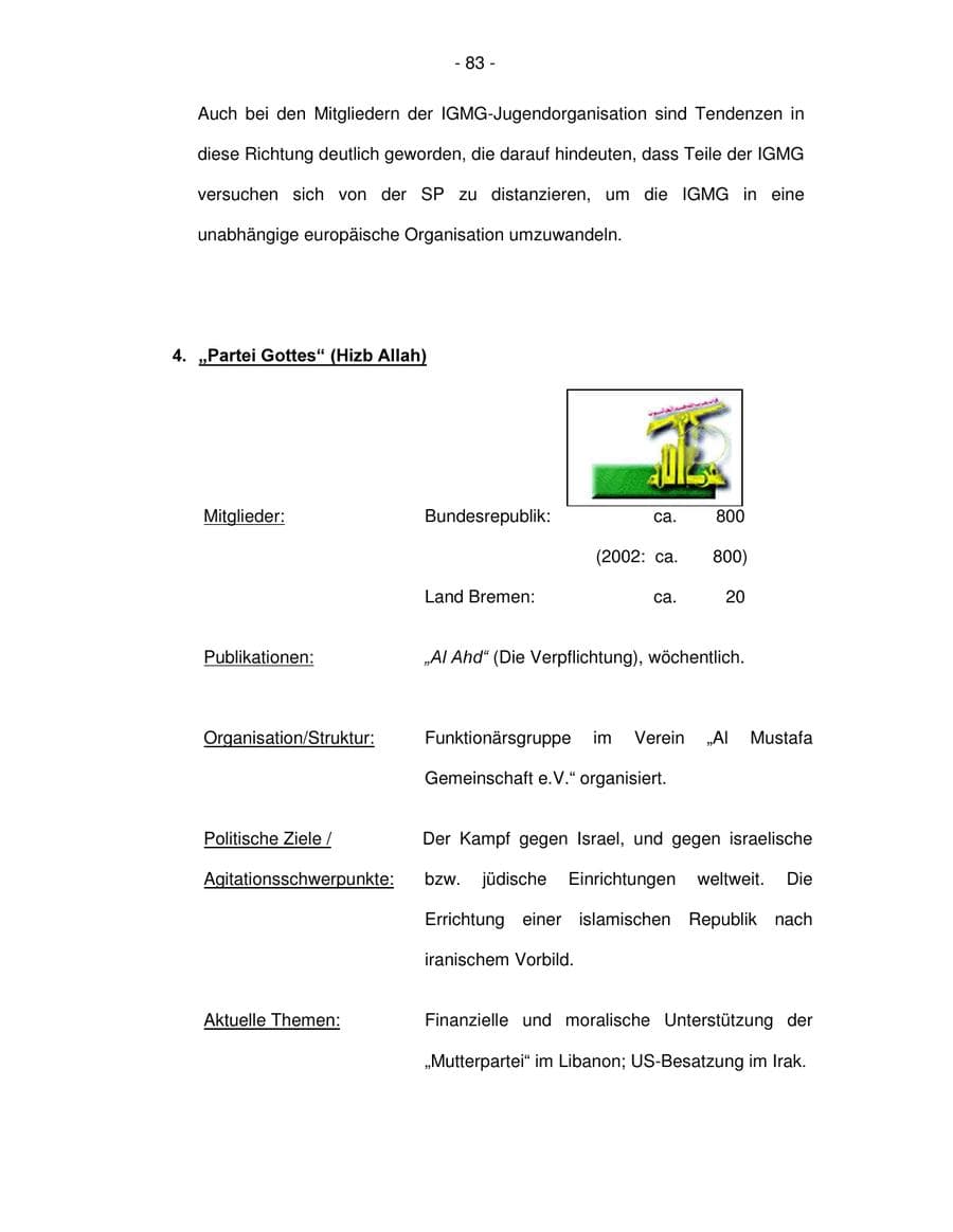 Seite 83 des Verfassungsschutzbericht 2003 Bremen
