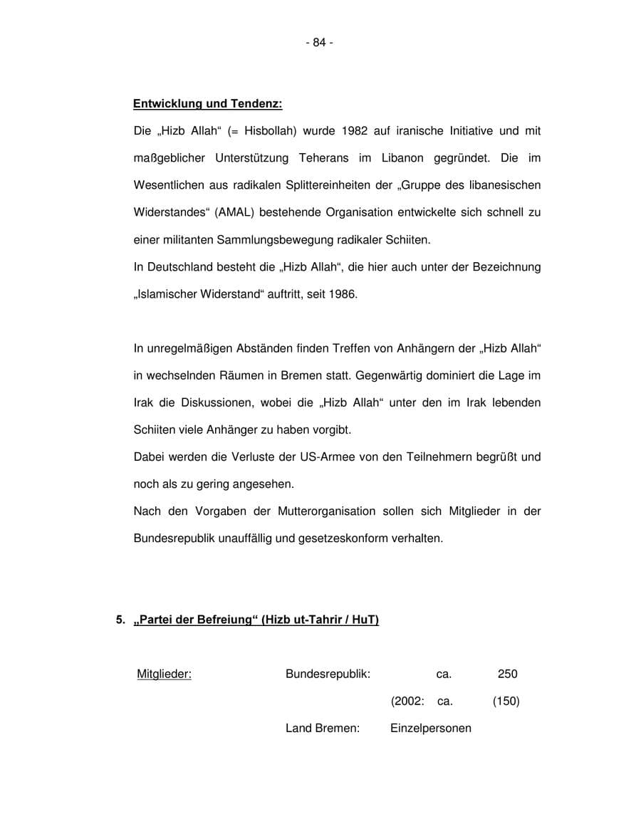 Seite 84 des Verfassungsschutzbericht 2003 Bremen